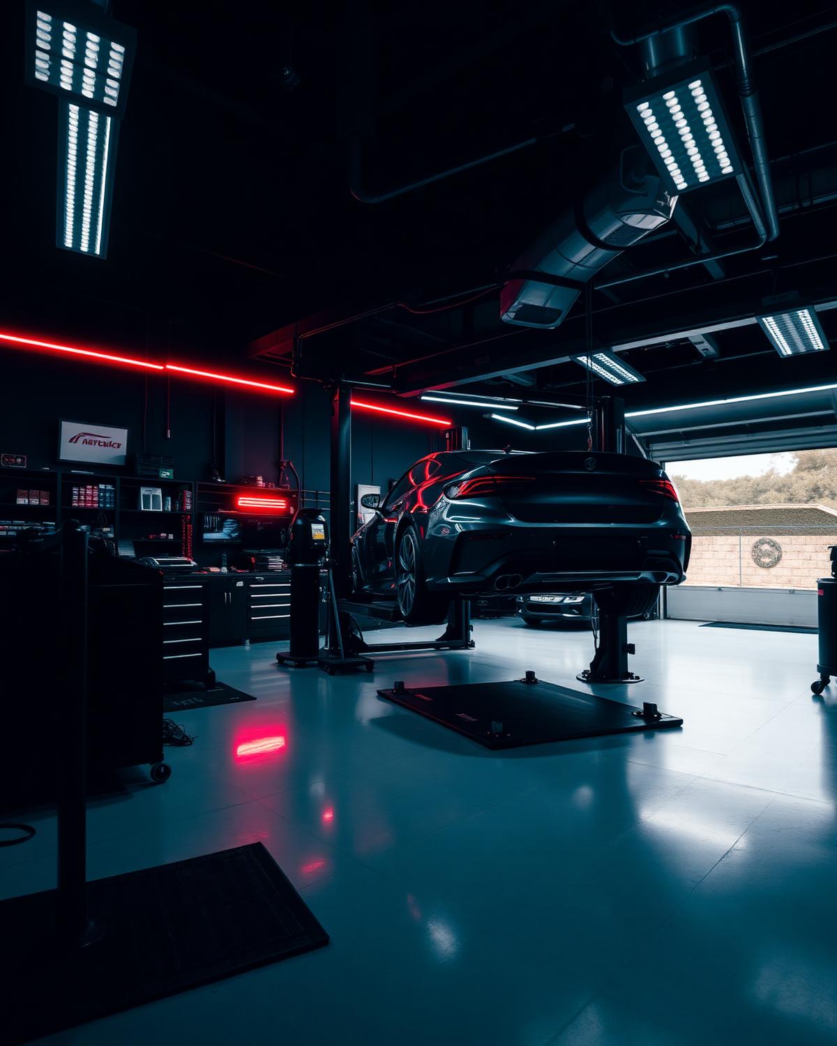 Interior da oficina mecânica premium em São Leopoldo com iluminação LED
